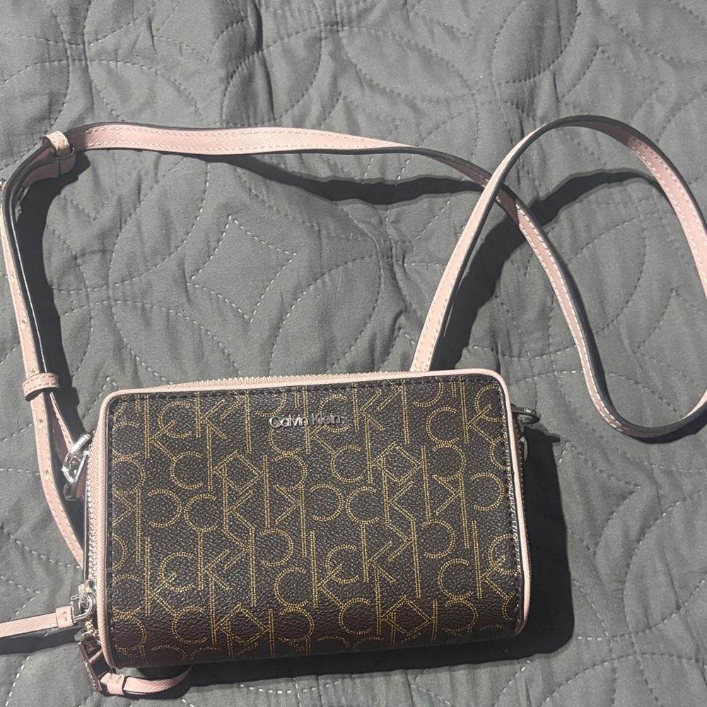 Calvin Klein Brown Logo Crossbody with Light Pink Trim